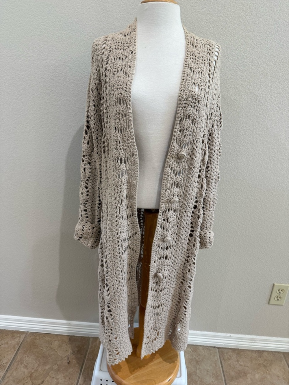 J. Jill Duster Cardigan Cotton Acrylic Blend Oatmeal Beige Long Sweater Sz L